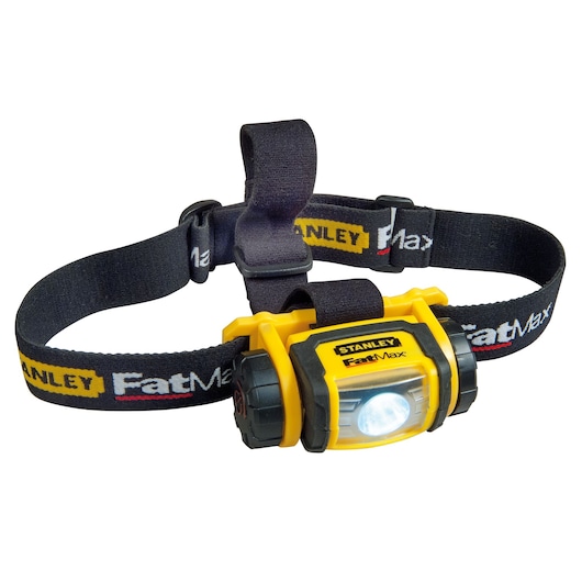Stanley FatMax yellow and black LED headlamp with adjustable strap, suitable for hands-free lighting.