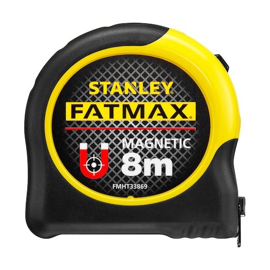 STANLEY FATMAX FMHT33869 magnetic tape measure, black and yellow, 8m, front view, photography.