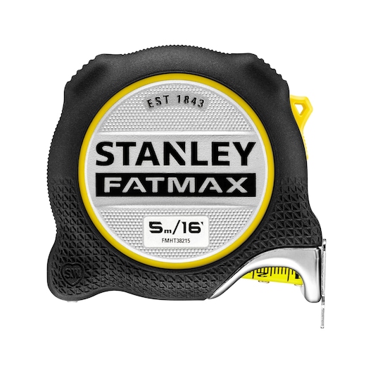 STANLEY FMHT38215-5 FATMAX tape measure, 5m/16ft, black and yellow casing, front angle, photography.
