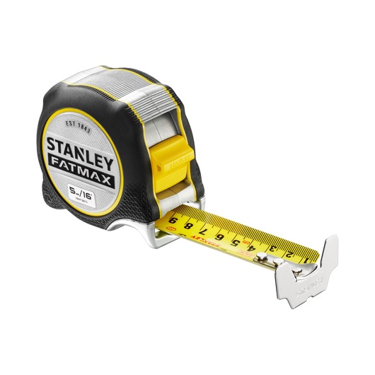 STANLEY FMHT38215-5 tape measure, yellow and black casing, extended yellow blade, product angled on white background.