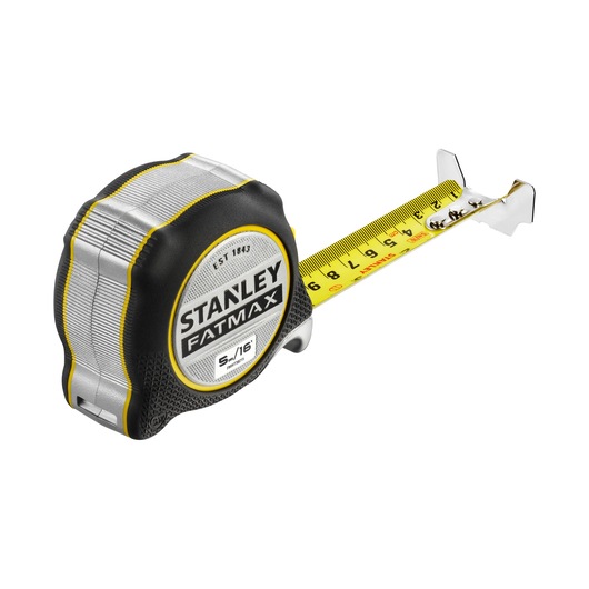 Photo of STANLEY FMHT38215-5 tape measure, black and yellow, extended view, white background.