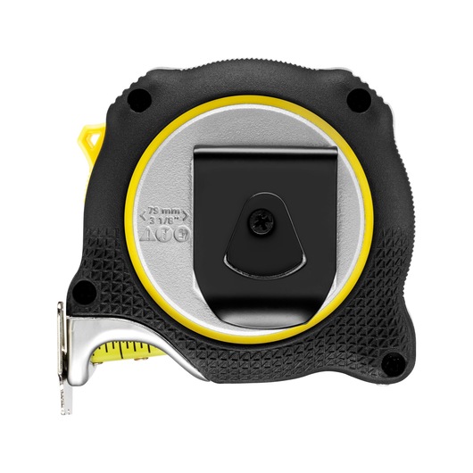 Photo of STANLEY FMHT38215-5 tape measure, rear angle, with black rubber grip and belt clip.