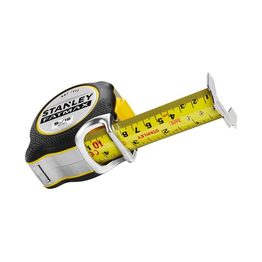 Photo of STANLEY FMHT38215-5 tape measure with yellow blade, black and silver casing, angled on white background.