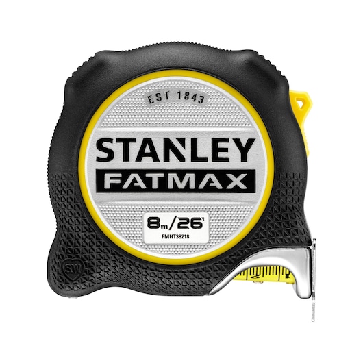 STANLEY FMHT38218-5 tape measure, 8m/26ft, FATMAX series, black and yellow case, front view, photography.