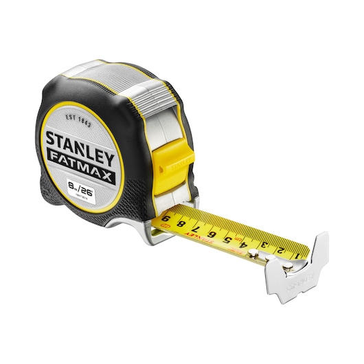 STANLEY FMHT38218-5 tape measure, FATMAX series, yellow and black, side angle on white background.