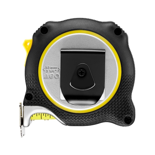 STANLEY FMHT38218-5 tape measure, black and yellow, belt clip, product rear view on white background.