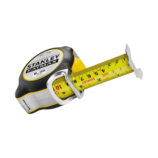 STANLEY FMHT38218-5 tape measure with yellow blade and black housing, side angle, white background.