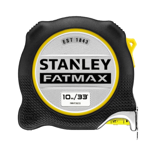 Front angle photo of STANLEY FMHT38233-5 tape measure, black and yellow, 10m/33ft, with FATMAX branding.