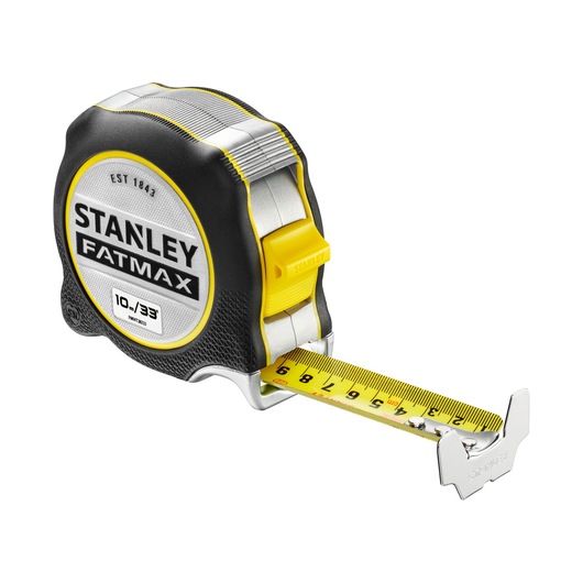 STANLEY FMHT38233-5 tape measure, yellow and black, angled view on white background.