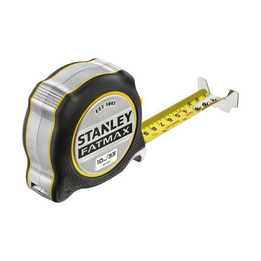 Photo of STANLEY FMHT38233-5 FATMAX tape measure, black and silver, extended yellow blade, front angle.