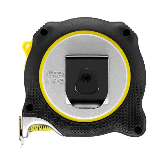 STANLEY FMHT38233-5 tape measure with black-yellow case, metal belt clip, rear angle on white background.