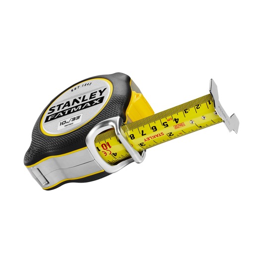 Photo of STANLEY FMHT38233-5 tape measure with yellow blade, metric markings, and black grip, angled view.