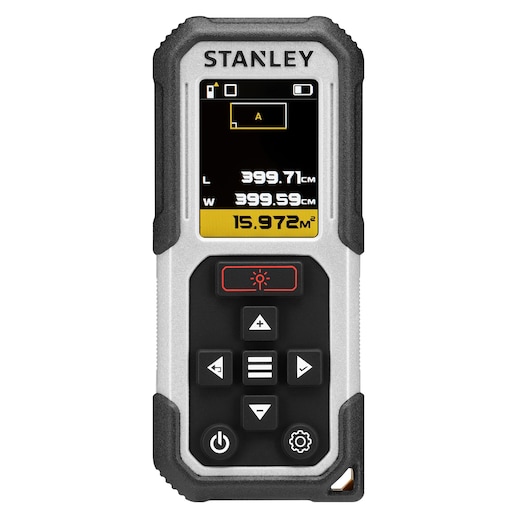 STANLEY FMHT77050-XJ laser distance measurer, black and silver, front view showing display and control buttons.