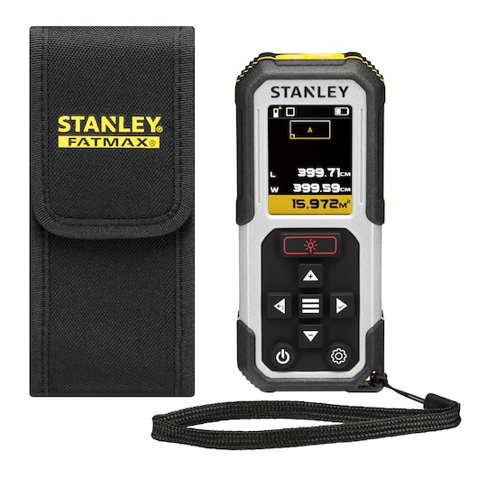 STANLEY FMHT77050-XJ laser distance measurer front view with black pouch and wrist strap.