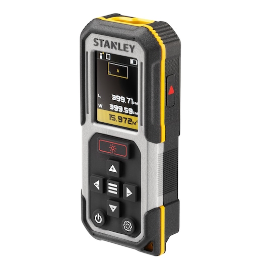 STANLEY FMHT77050-XJ laser distance measurer with digital display and black-yellow casing, front angle.