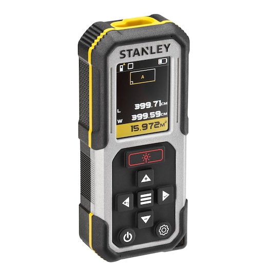Photo of STANLEY FMHT77050-XJ laser distance measurer with digital display and black-yellow rugged body, front angle.