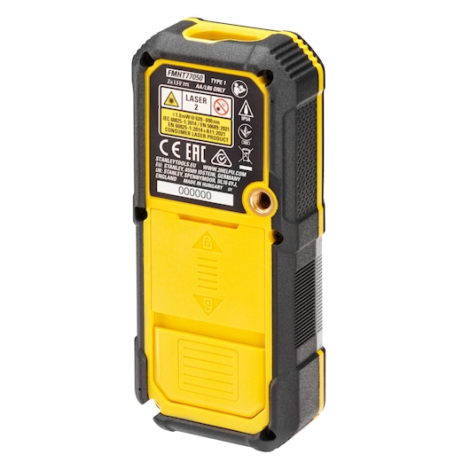 STANLEY FMHT77050-XJ handheld laser detector, yellow and black, rear angle, product photography.