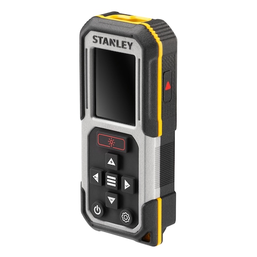 STANLEY FMHT77050-XJ laser distance measurer with black and yellow casing, front angle on white background.