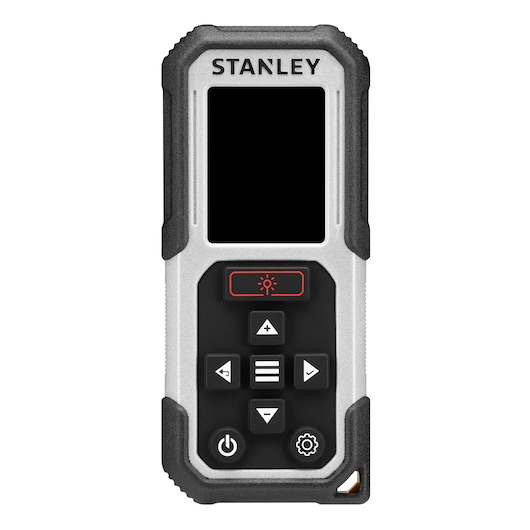 STANLEY FMHT77050-XJ laser distance measurer front view, black and silver body, multiple buttons and display.