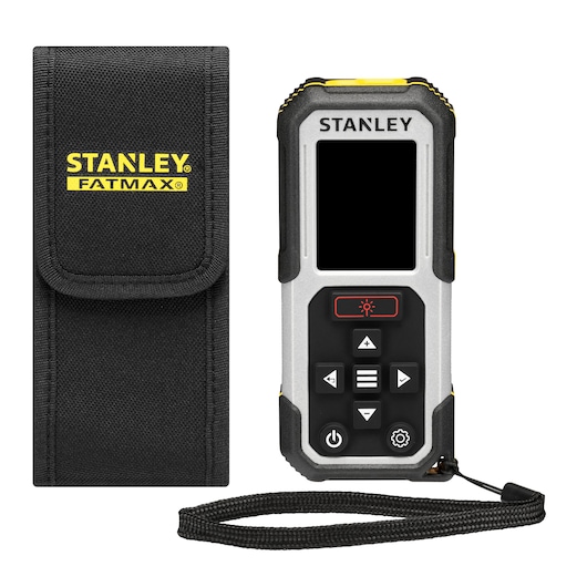 STANLEY FMHT77050-XJ laser distance measurer with black carrying case, front angle on white background.
