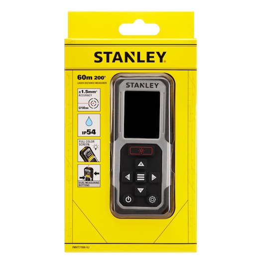 STANLEY FMHT77050-XJ laser distance measurer in yellow packaging, front view shows full color screen and control buttons.