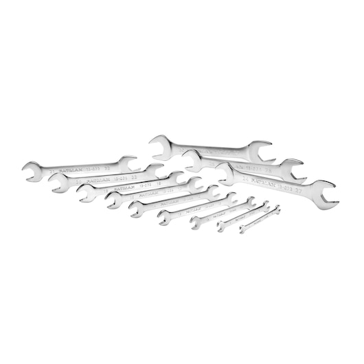 STANLEY FMMT82902-0 photography of open-end wrench set, silver finish, assorted sizes, white background angle.