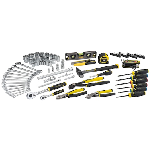 STANLEY FMMT98108-1 hand tool set with wrenches, sockets, screwdrivers, pliers, and hammer, top view.