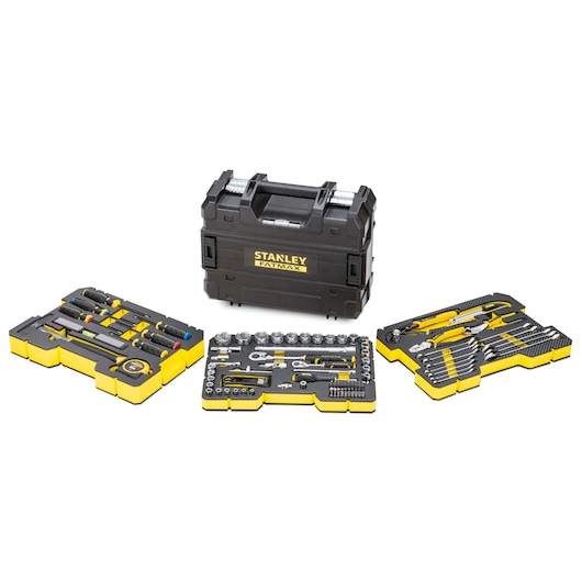 STANLEY FMMT98108-1 tool set with black and yellow hard case, three trays of various hand tools, white background.