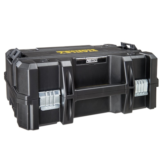 STANLEY FMMT98108-1 black Pro-Stack tool box with metal latches, front angle on white background.