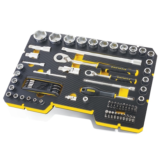 STANLEY FMMT98108-1 socket and ratchet tool set with bits, hex keys, and accessories, top view on white background.