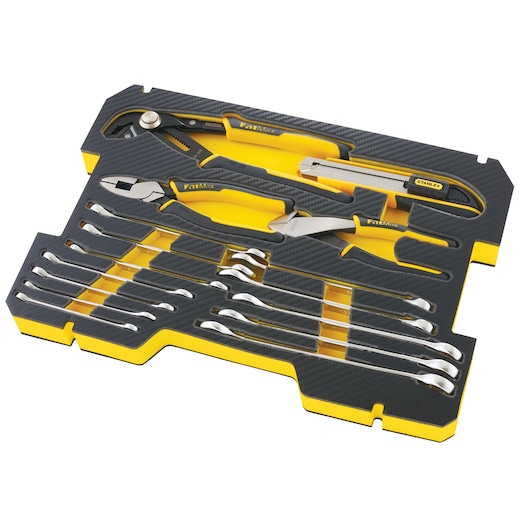 STANLEY FMMT98108-1 tool tray with FatMax pliers, utility knife, and combination wrenches, angled on white background.
