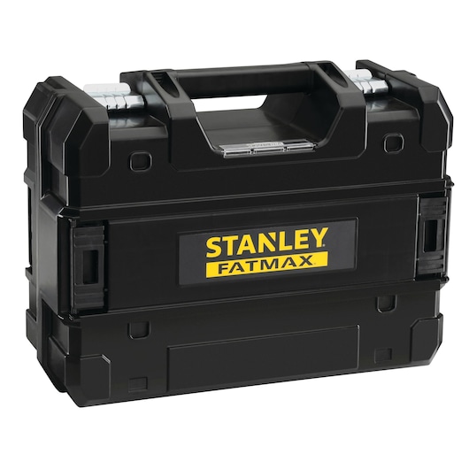 Photo of STANLEY FMMT98108-1 black plastic tool box with yellow FATMAX logo, front angle.