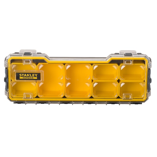 Stanley FatMax yellow plastic organizer box with clear lid and multiple compartments.