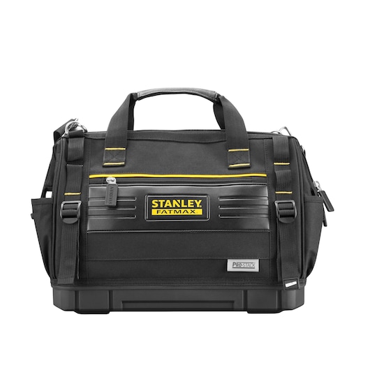 STANLEY FMST17627-1 tool bag, black with yellow accents, front view, Pro-Stack series, durable carry handles.