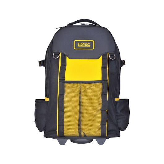 STANLEY FMST514196 tool backpack with black and yellow design, mesh front pocket, and side pouches, front view.