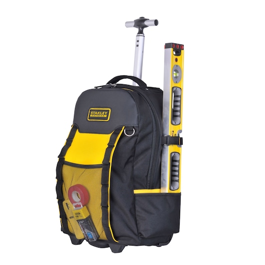 STANLEY FMST514196 photography of black and yellow rolling tool backpack with telescopic handle, side pocket, front mesh pocket, front angle.