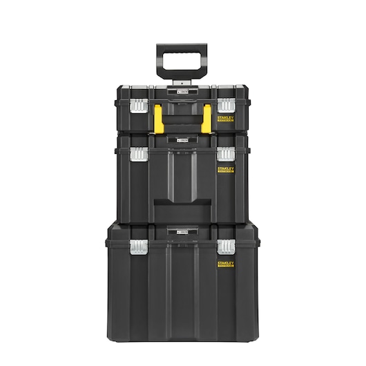 Stanley FMST75753-9 stackable black toolboxes with handle, front view, photography.