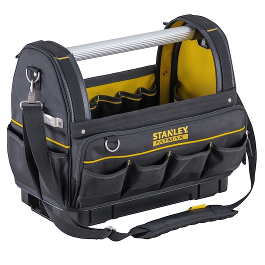Photo of STANLEY FMST83296-1 tool bag with open top, shoulder strap, multiple exterior pockets, and yellow accents.