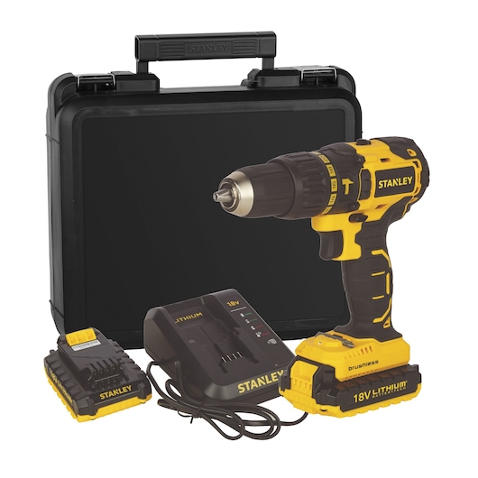 STANLEY SBH201D2K 18V brushless cordless drill set with battery, charger, and carrying case, front angle.