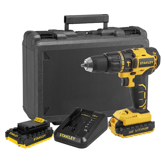 STANLEY SBH201S2K cordless drill set with yellow tool, batteries, charger, and black carrying case, front angle.
