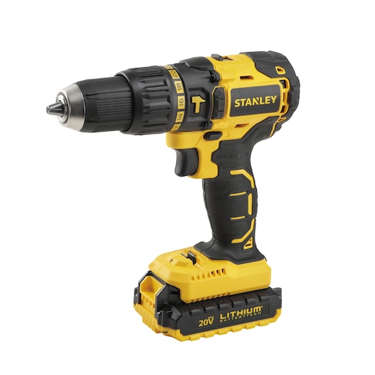 STANLEY SBH20S2K cordless drill, yellow and black, side angle, 20V lithium battery visible.
