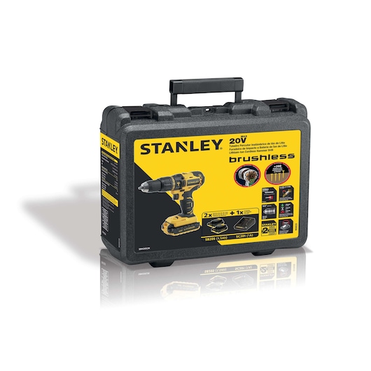 STANLEY SBH20S2K 20V brushless drill kit case, yellow and black, front angle photo.