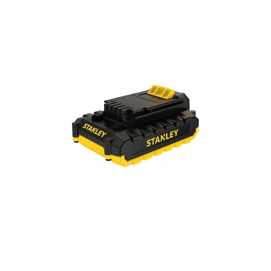 STANLEY SBH20S2K black and yellow power tool battery, angled view on white background.