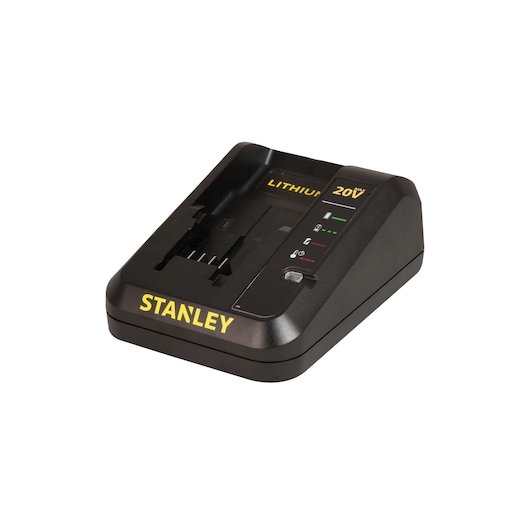 STANLEY SBH201S2K black lithium 20V battery charger photography, angled front view on white background.