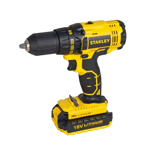Photo of STANLEY SCD201D2K 18V cordless drill, yellow and black, side angle, with lithium battery.