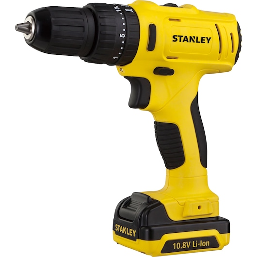 STANLEY SCH12S2K cordless drill, yellow and black, 10.8V Li-Ion, front left angle photo.