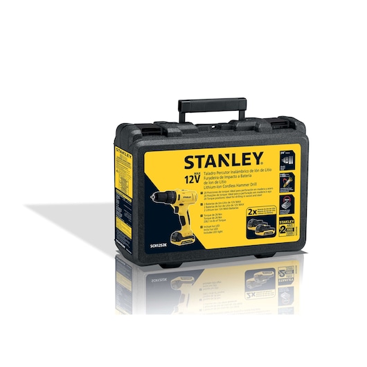 STANLEY SCH12S2K photography of 12V cordless hammer drill kit in black hard case, front angle.
