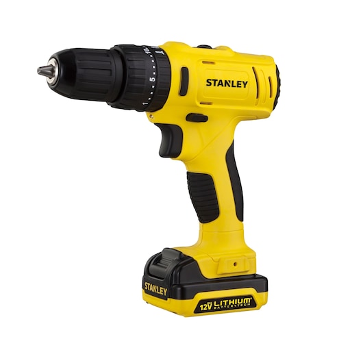 STANLEY SCH12S2 12V cordless drill, yellow and black, side angle with battery visible.