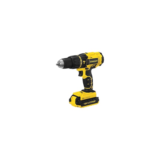 Stanley SCH201D2K cordless drill, yellow and black, side angle, with 18V lithium battery, on white background.