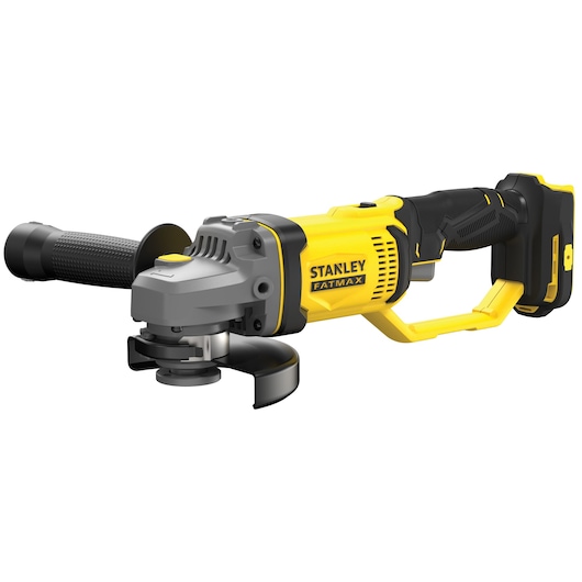STANLEY SFMCG400D1K cordless angle grinder, yellow and black, side view, photography on white background.